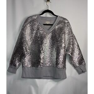 Pilcro Anthropologie Sweater V Neck Foil Textured Silver Petite Size XXS New